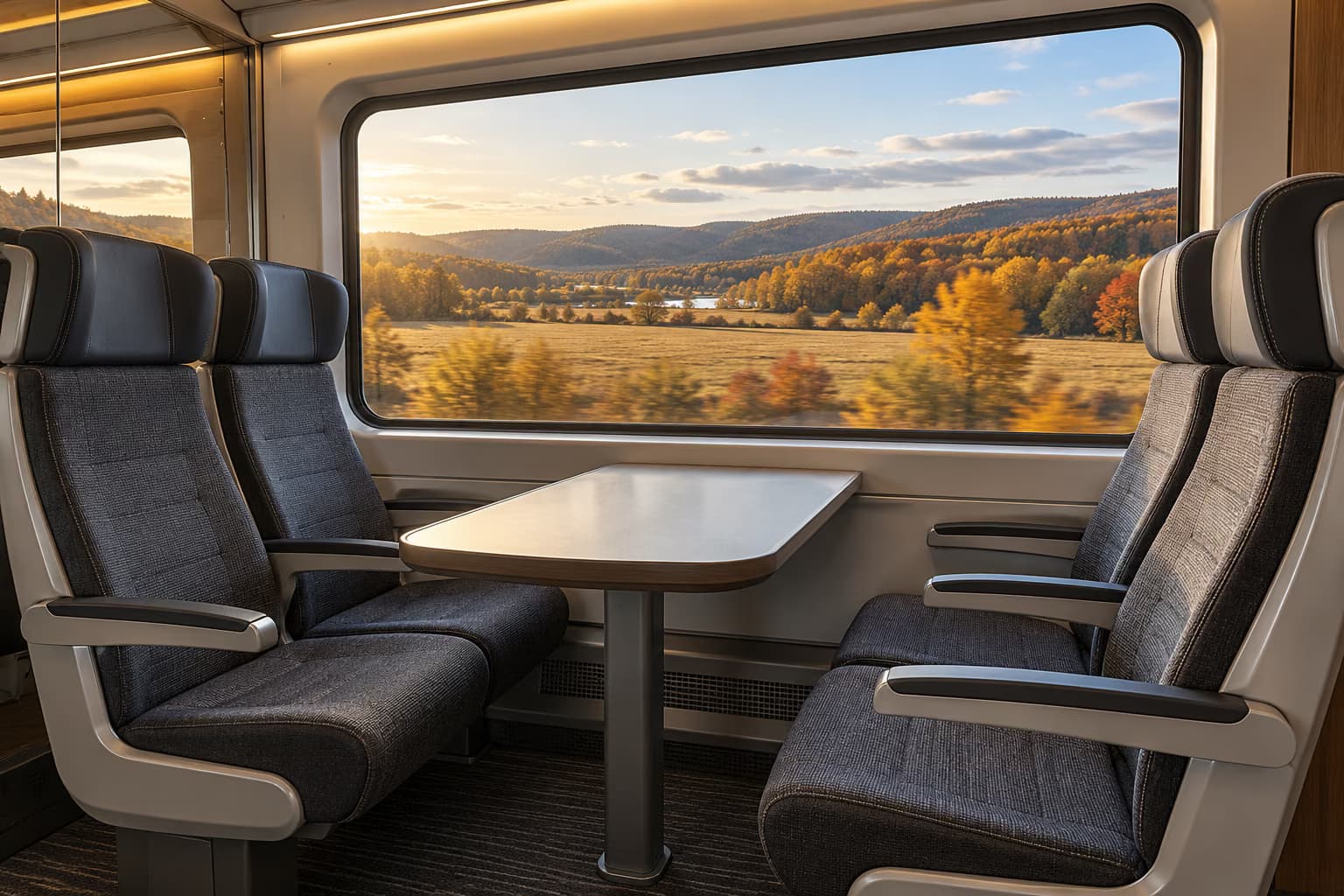 Patru scaune gri goale în jurul unei mese într-un tren modern, cu o fereastră mare prin care se văd câmpuri de toamnă și dealuri împădurite.
