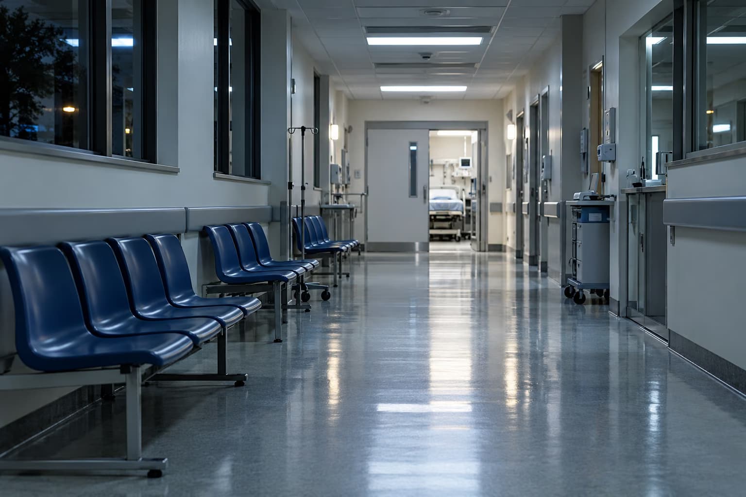 Un coridor de spital gol noaptea, cu șiruri de scaune albastre de așteptare de-a lungul peretelui și o ușă deschisă spre o sală de tratament în capăt.