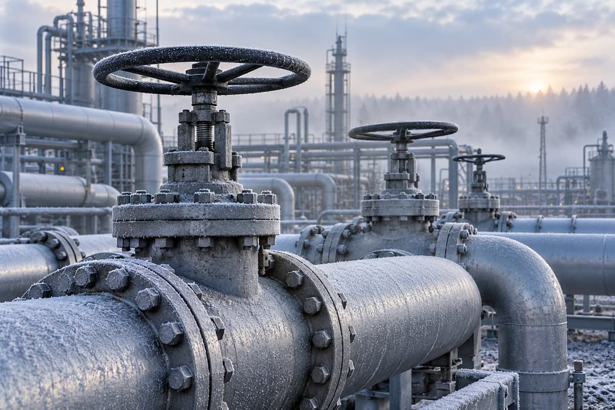 Prim-plan cu conducte industriale de gaze acoperite de brumă, cu robinete mari cu roată, la o instalație de gaze într-o dimineață de iarnă cețoasă.