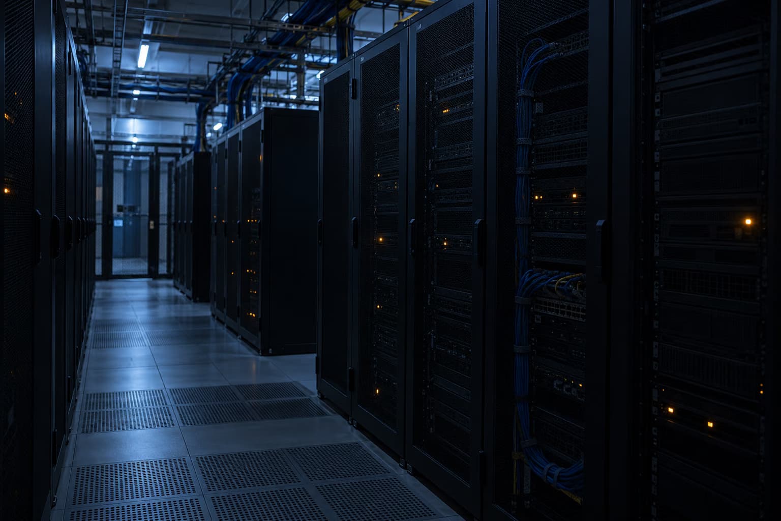 O cameră de servere slab luminată, cu rânduri de rack-uri întunecate, cabluri albastre strânse în mănunchiuri și doar câteva mici lumini portocalii aprinse.
