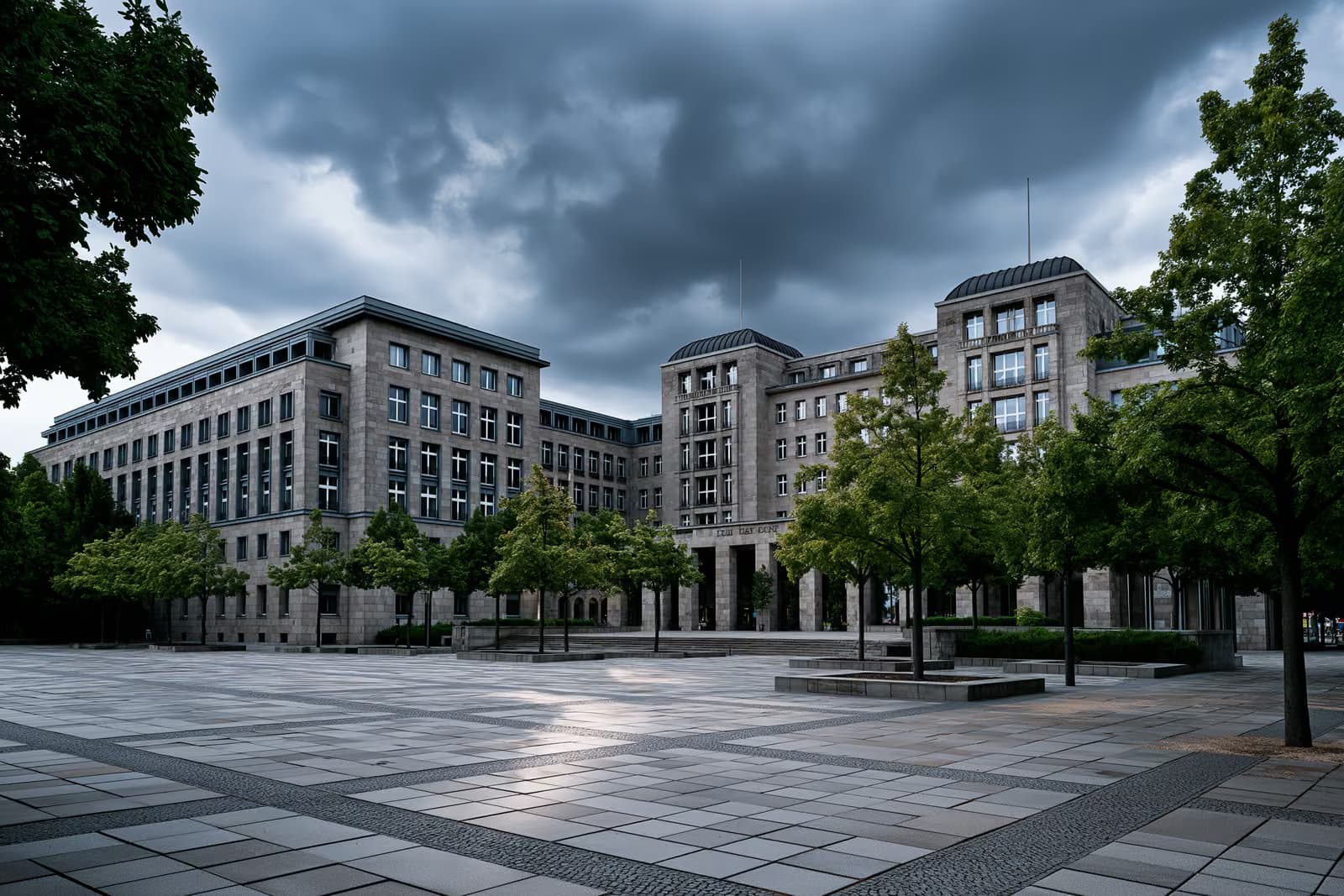 O clădire a parlamentului federal german văzută în spatele unei piețe publice goale sub un cer închis.
