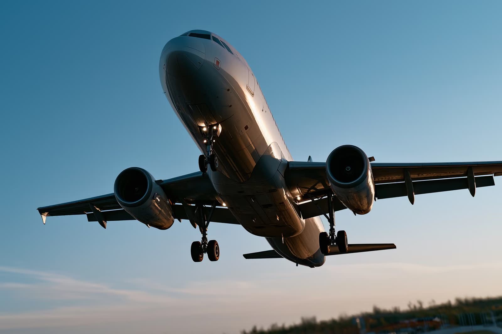 Un avion de pasageri urcând spre un cer senin, văzut de la sol.