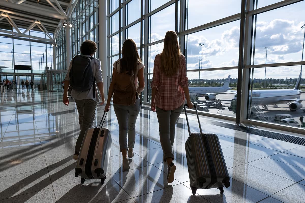 Călători care se plimbă printr-un terminal modern și luminos de aeroport, cu ferestre mari.