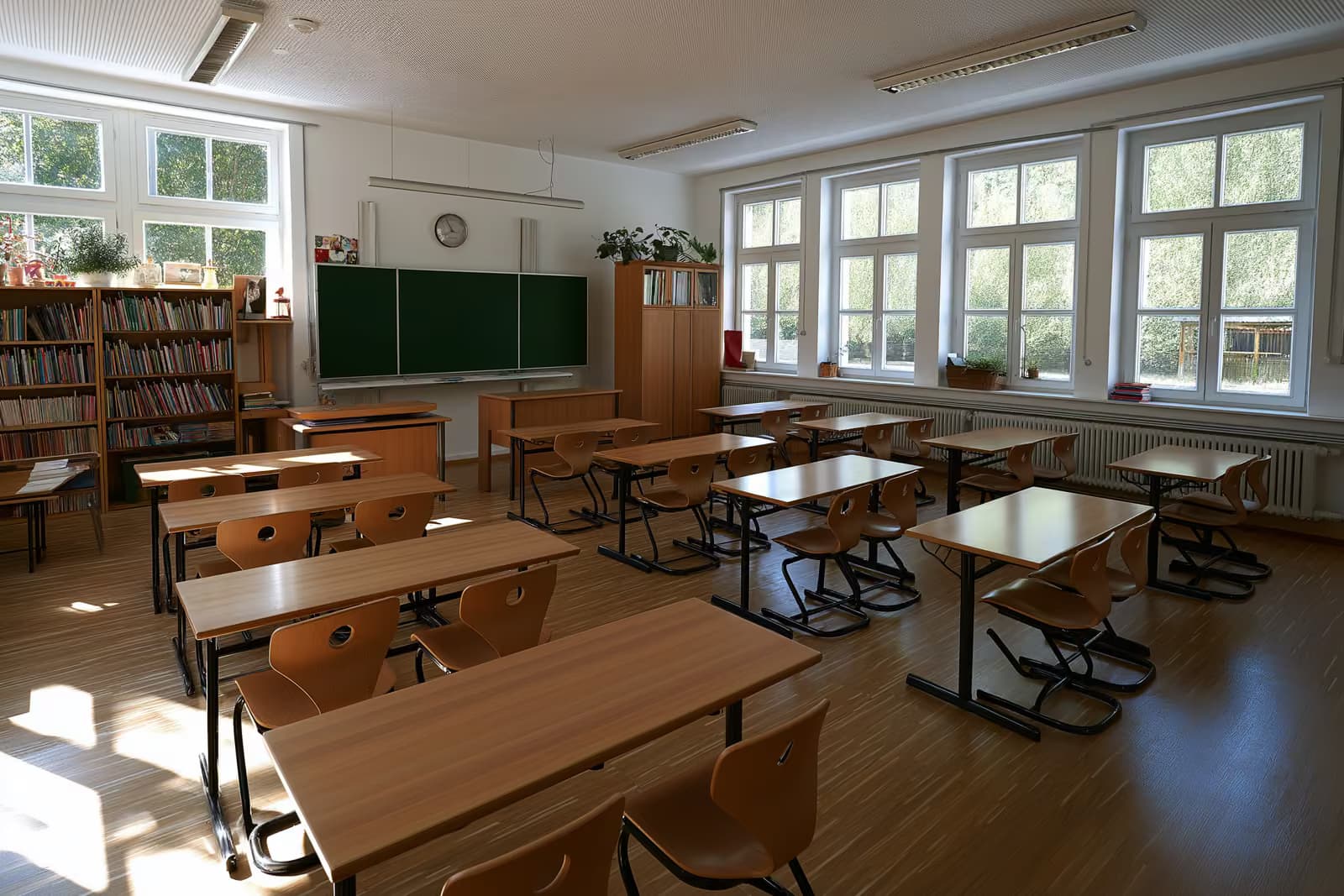 O sală de clasă primară germană, goală și luminoasă, cu bănci mici din lemn și un colț de lectură, în lumina caldă a după-amiezii.