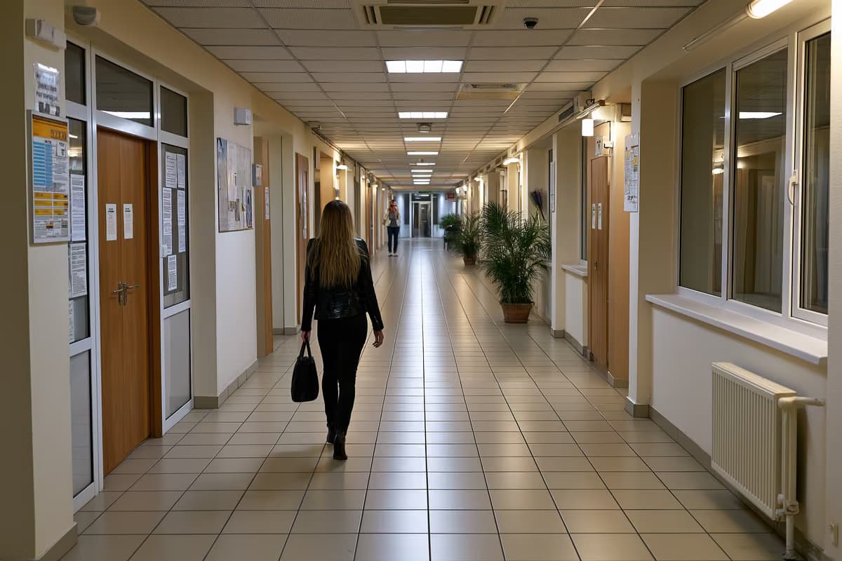 O persoană singură mergând cu o geantă pe coridorul unei clădiri administrației publice.