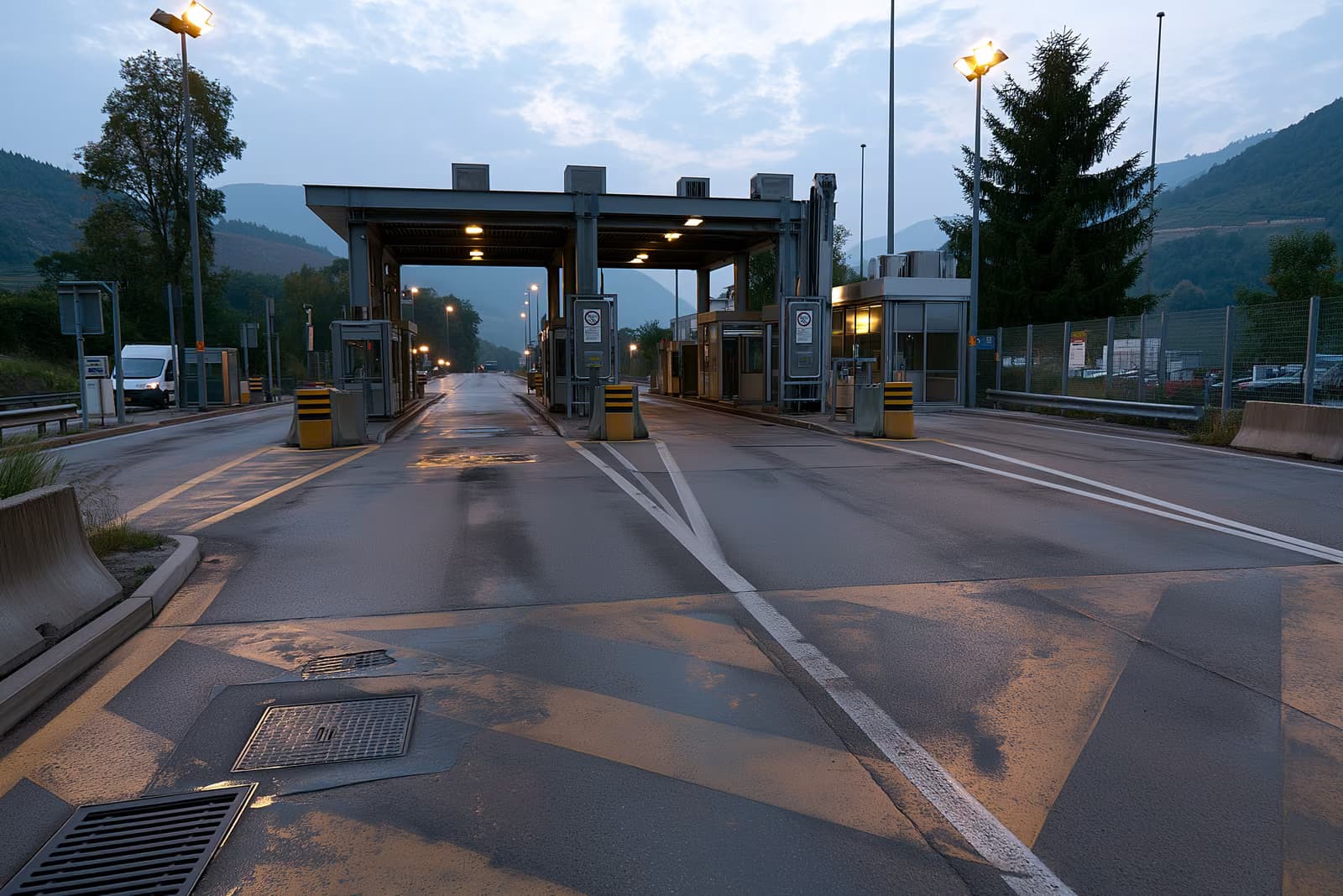 Un punct de trecere a autostrăzii liniștit la granița germano-austriacă, cu un marcaj de bandă și o cabină de inspecție goală în zori.