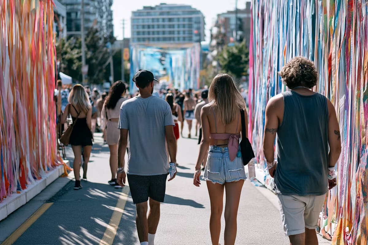 Oamenii se plimbă printre instalații de artă în aer liber într-un cartier animat din Berlin, într-o după-amiază luminoasă de vară.