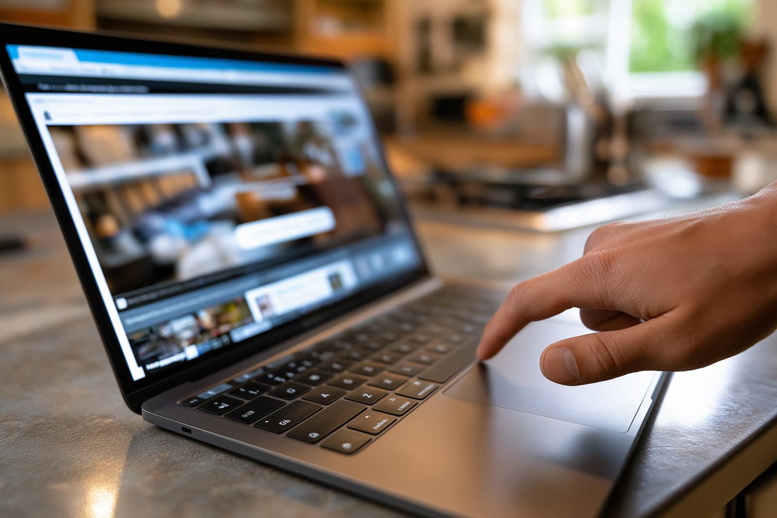 O mână se află deasupra unui laptop de pe o masă din bucătărie, afișând o pagină de anulare online cu un buton proeminent