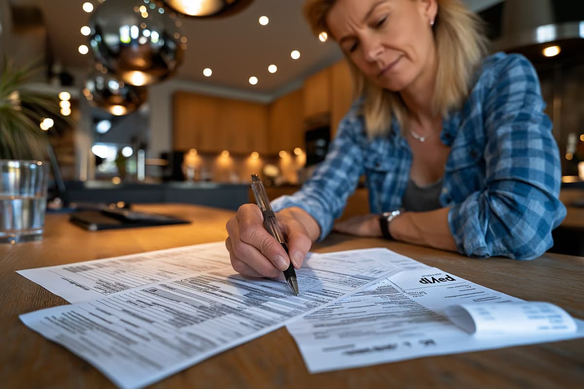 Un angajat verifică un fluturaș de salariu la masa din bucătărie, într-o casă germană modestă.