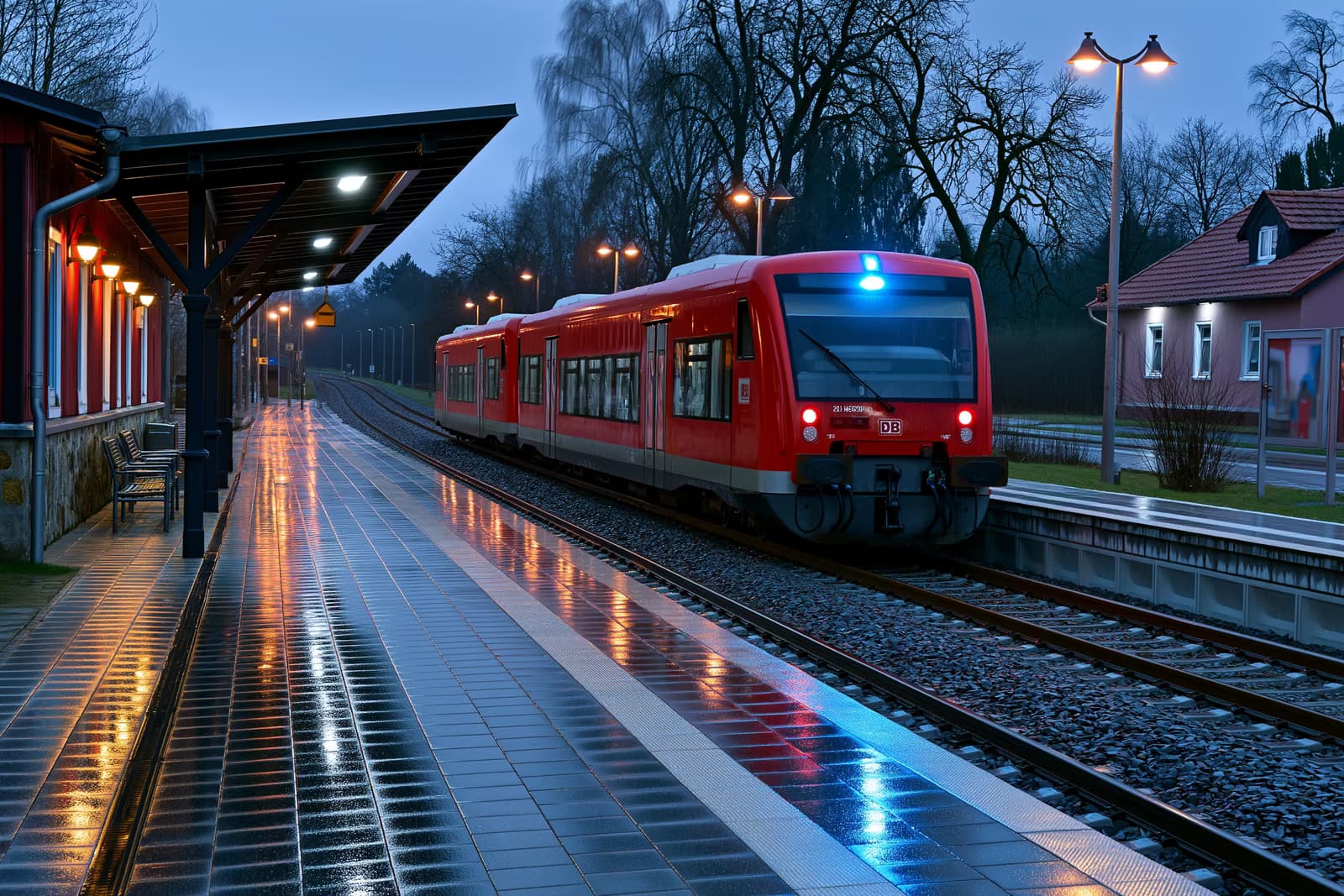 Un tren regional roșu s-a oprit într-o mică gară germană la amurg, cu lumini albastre de urgență reflectate pe peron.