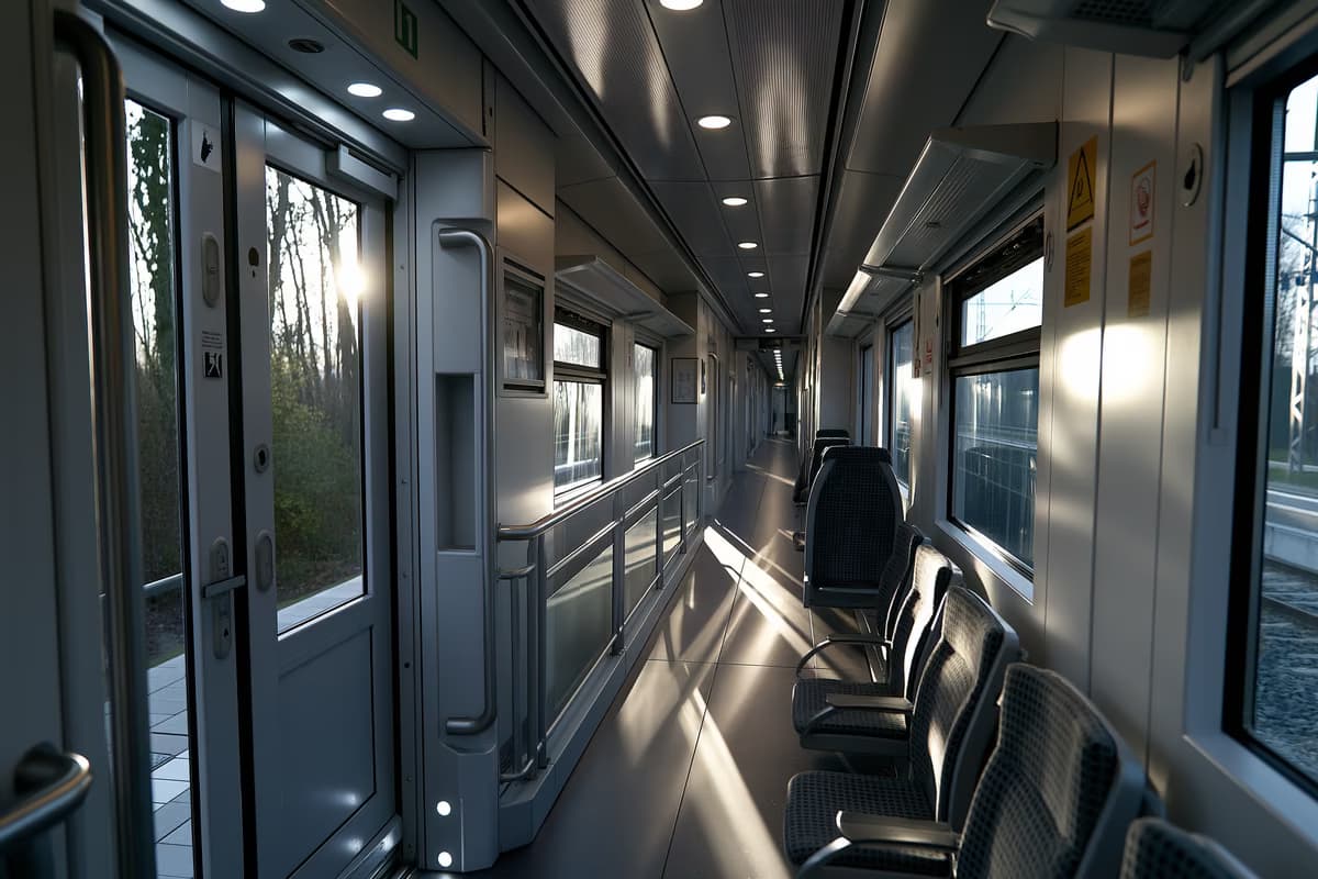 Coridorul interior al unui tren regional german cu o zonă a ușii deschise și o balustradă de siguranță în lumina serii