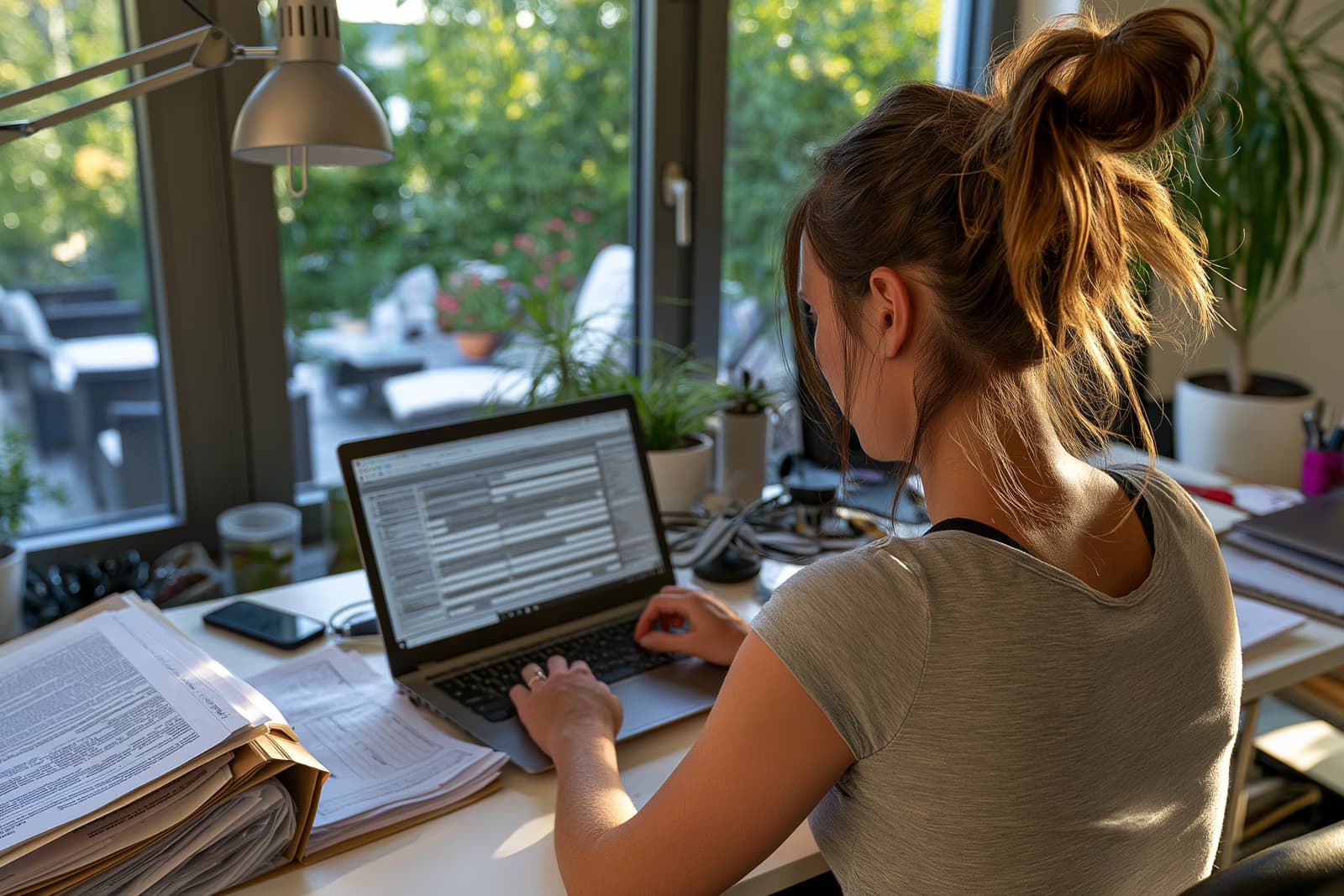 O persoană completează o cerere digitală de șomaj pe laptop, acasă, în loc să completeze formulare pe hârtie pentru Arbeitsagentur, o agenție germană de muncă.