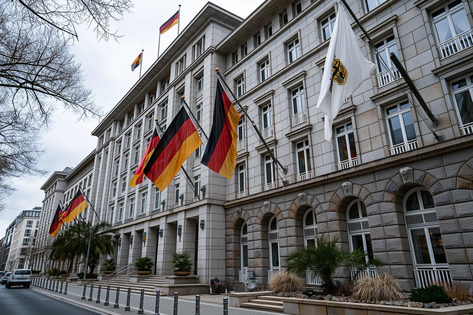 Ministrul german de Interne la un pupitru de presă cu steaguri germane și ale UE, discutând regulile pentru ucrainenii aflați în vârstă de recrutare în Germania.