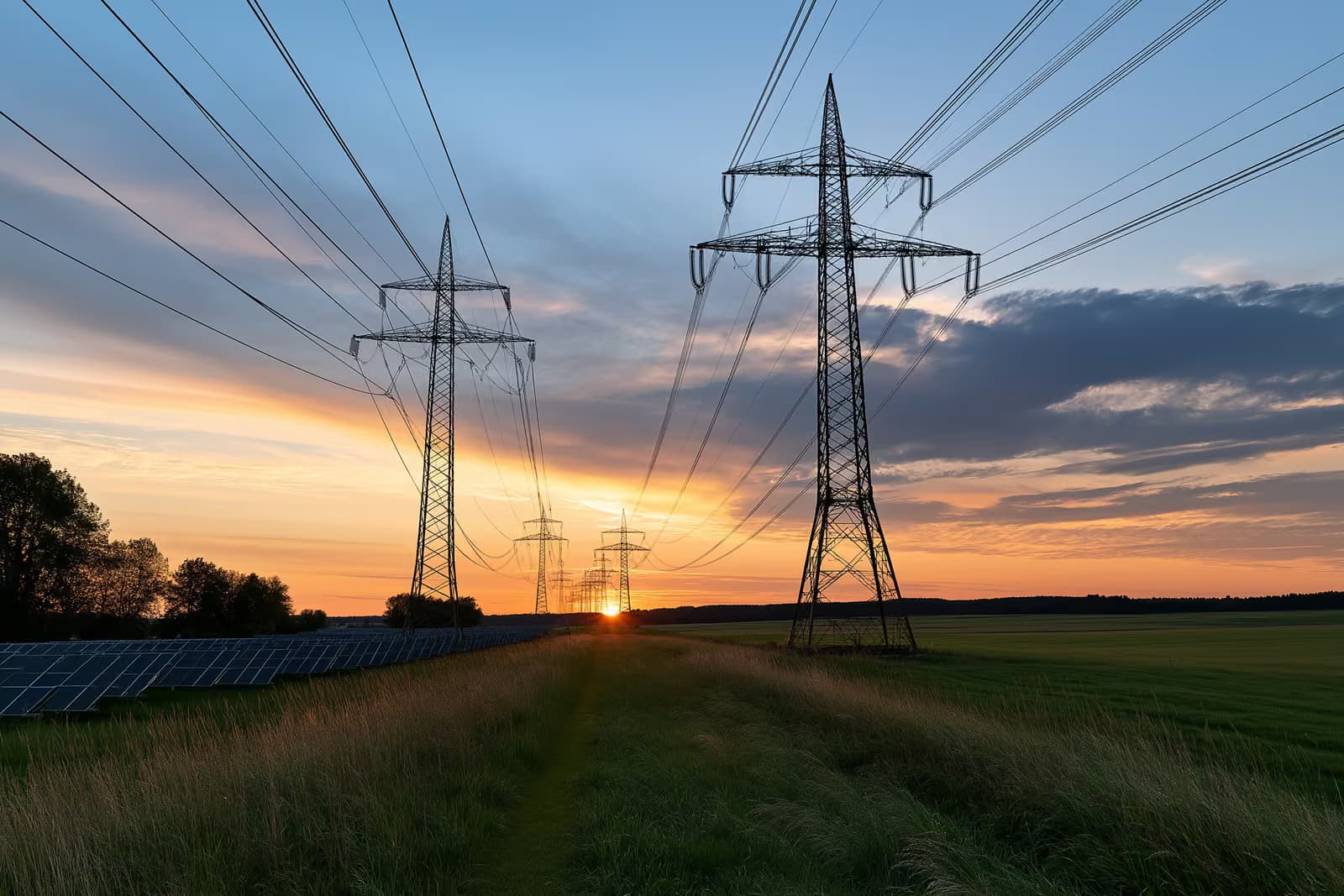 Un rând de stâlpi de electricitate de înaltă tensiune traversează zona rurală deschisă.
