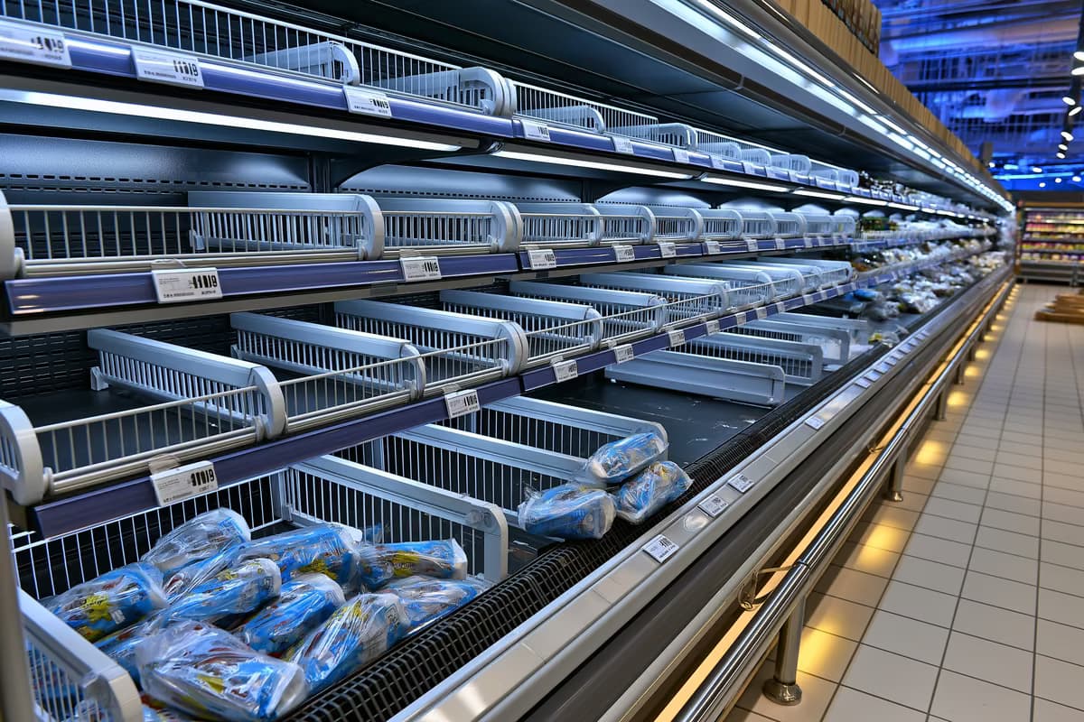 Un raft gol de supermarket frigorific cu câteva pachete rămase după retragerea cârnaților din Germania
