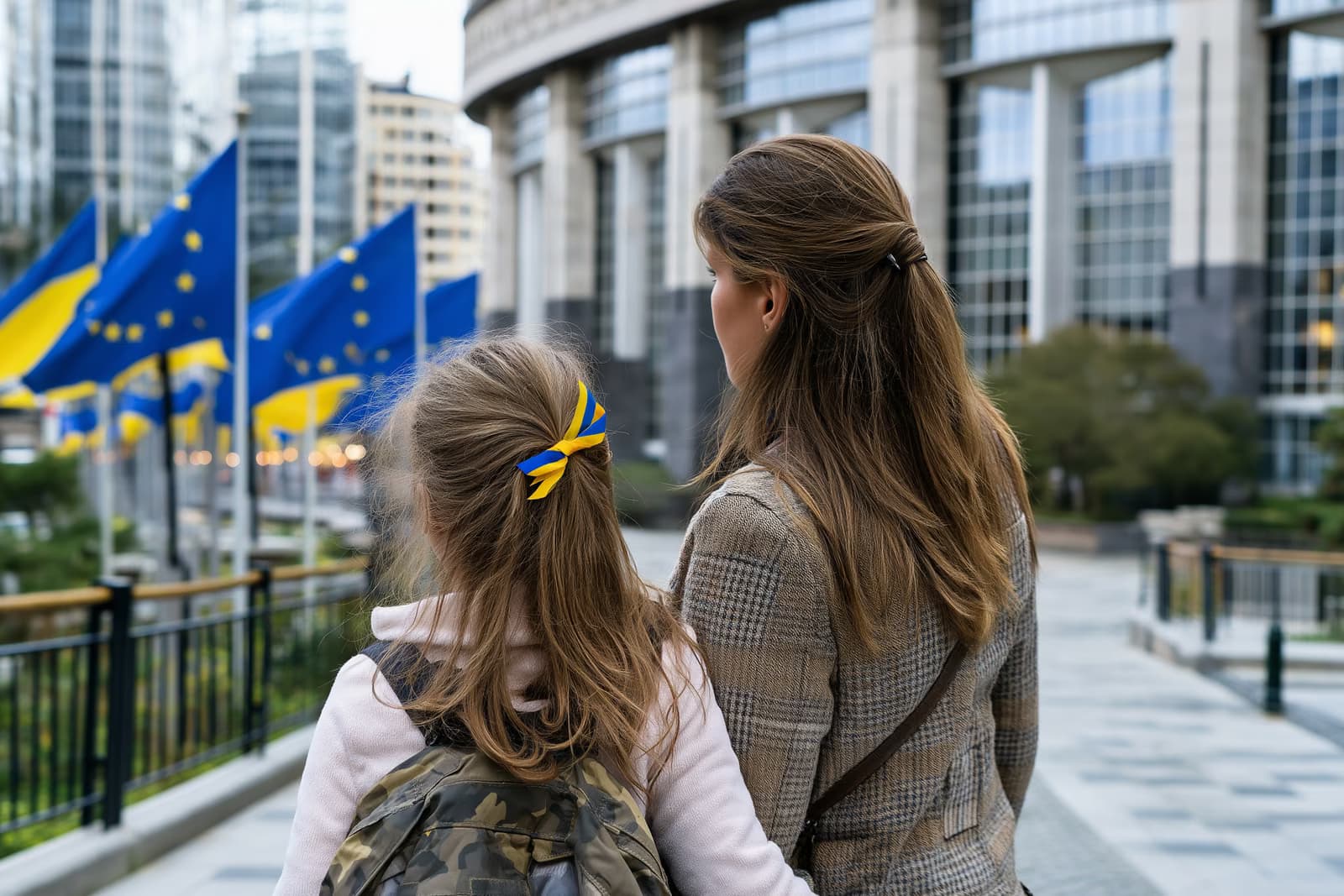 O mamă și o fiică ucrainene privesc steagurile UE în fața unei clădiri a unei instituții europene după prelungirea protecției temporare acordate Ucrainei.