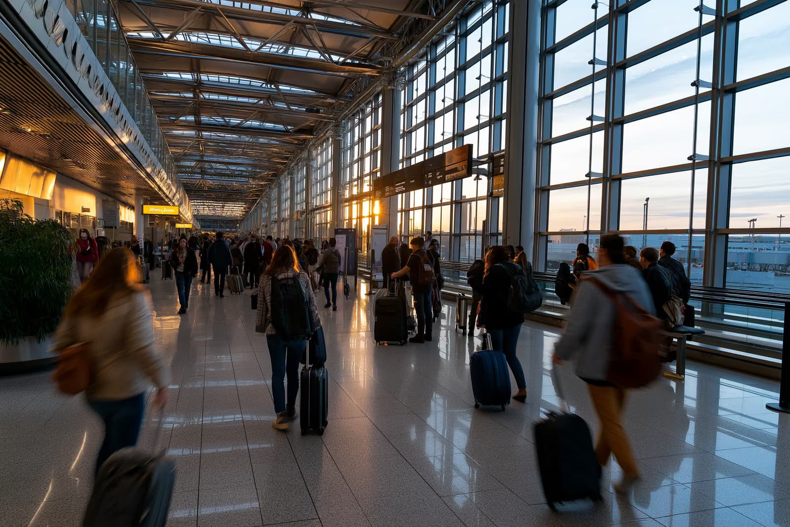 Călători cu bagaje traversând o sală de sosiri luminoasă a unui aeroport internațional.