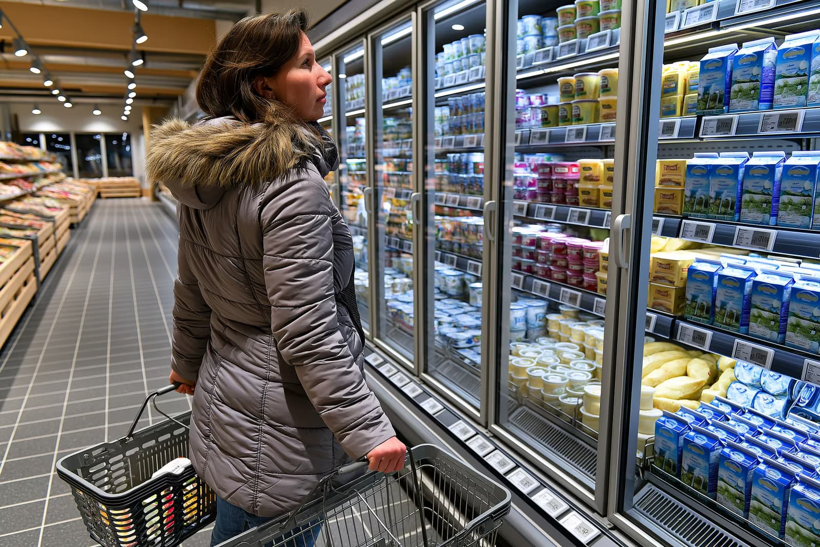 Un cumpărător compară prețurile alimentelor de pe rafturile supermarketurilor din Germania, ținând un bon fiscal în fața produselor lactate și a ouălor.