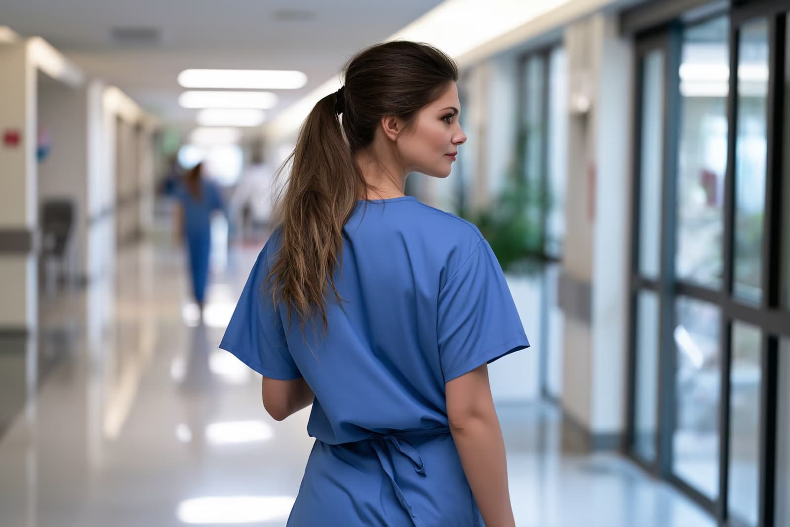 Un cadru medical în uniforme simple stă pe coridorul luminos al unui spital.