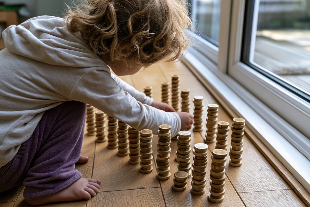 O pușculiță lângă o mică stivă de monede euro pe un birou de lemn
