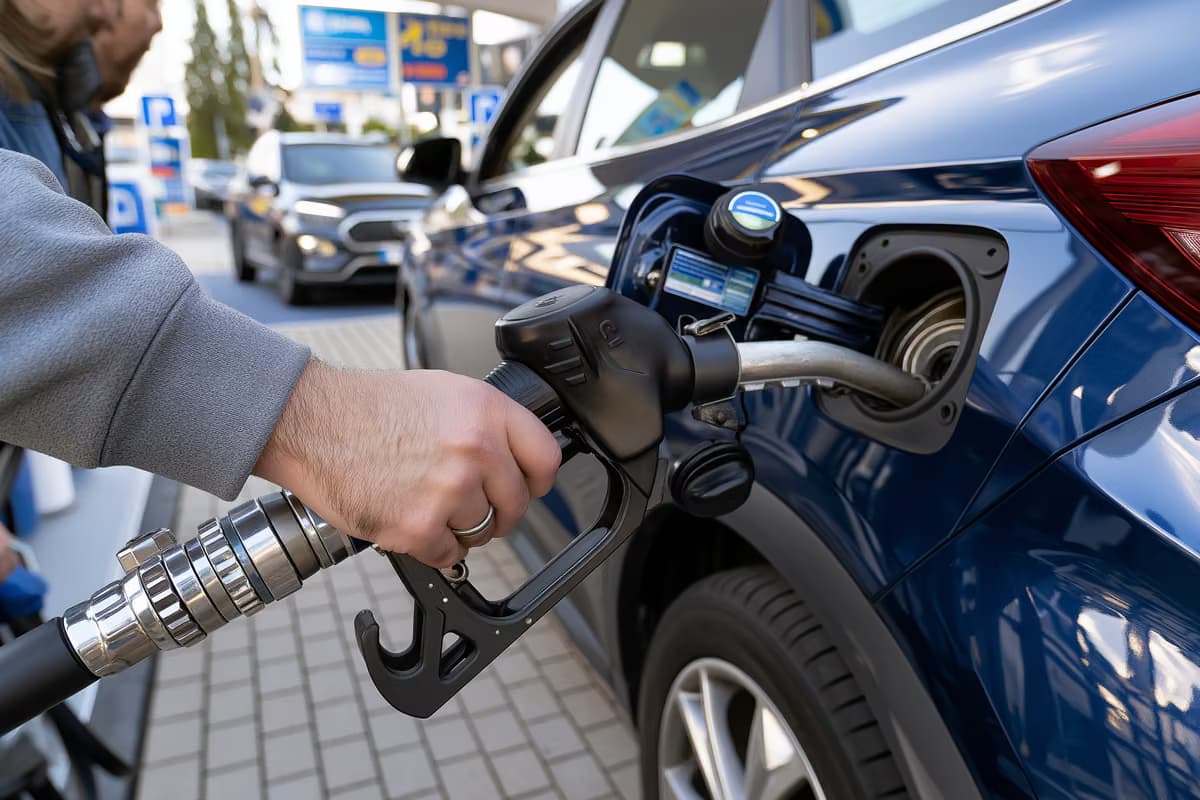 Un șofer ține o duză de combustibil în timp ce alimentează o mașină la o stație.