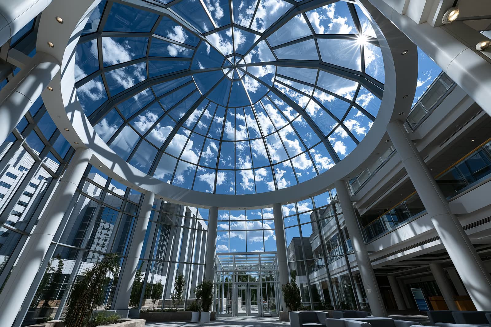 Cupola de sticlă a clădirii parlamentului german văzută de jos pe un cer luminos de vară.
