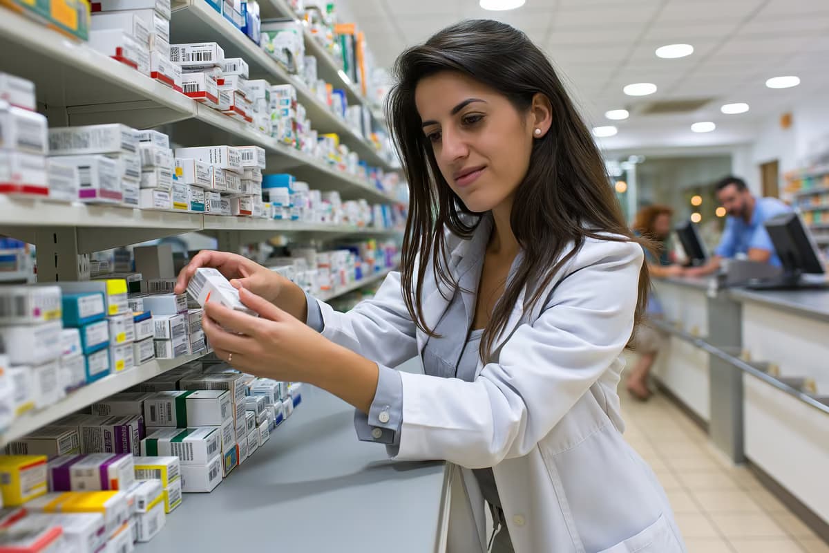 Un farmacist aranjează cutii de medicamente pe un raft în spatele unui tejghea într-o farmacie germană luminoasă.