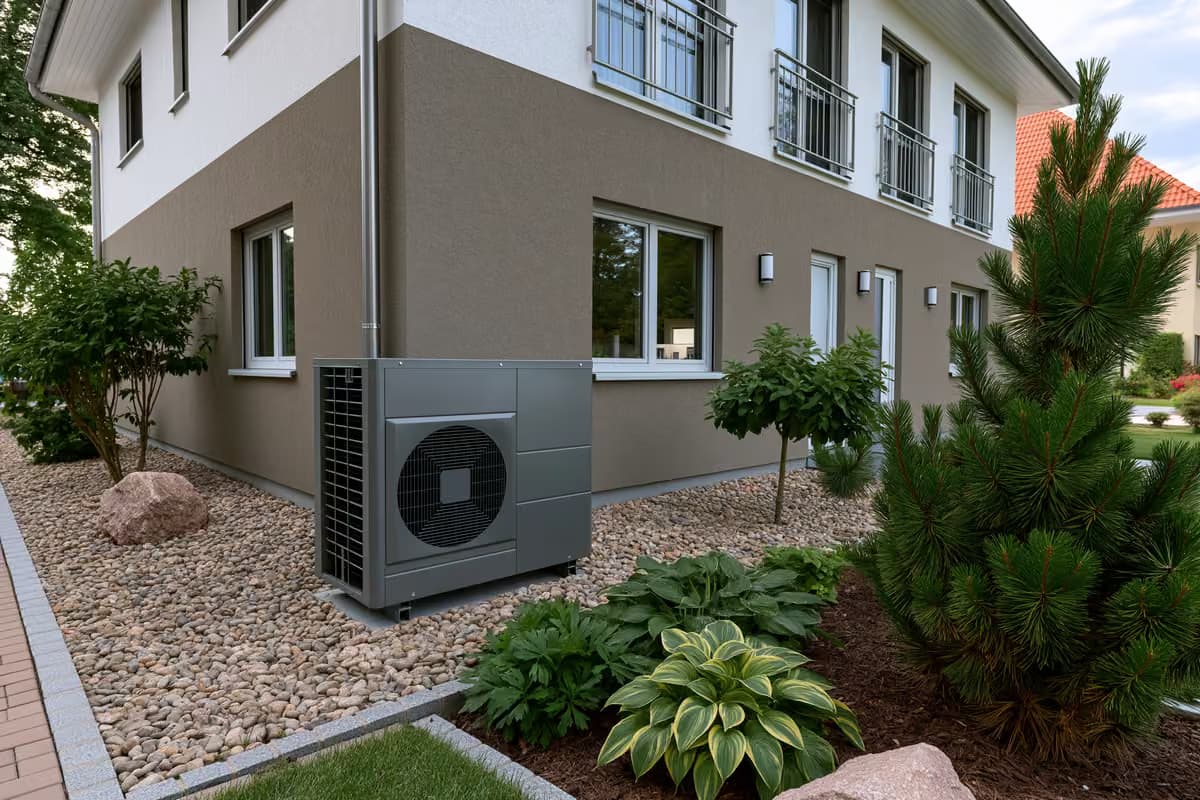 O unitate modernă cu pompă de căldură instalată în exteriorul unei case rezidențiale din Germania.