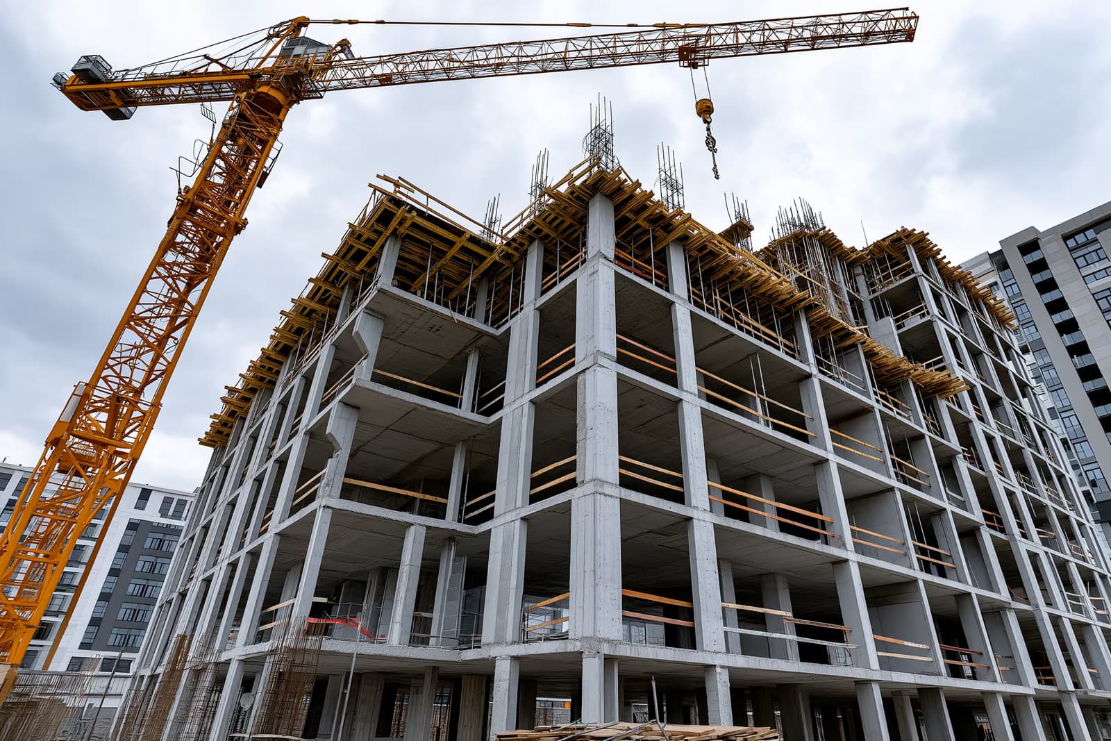 O clădire din beton neterminată, cu ferestre goale sub o macara ruginită, o imagine a pierderilor fondului Krankenkassen în tranzacții imobiliare eșuate.
