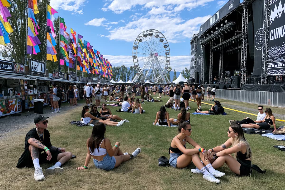 Locul festivalului de la Lollapalooza Berlin, ziua, cu steaguri colorate, tarabe cu mâncare și vizitatori care se relaxează pe iarbă