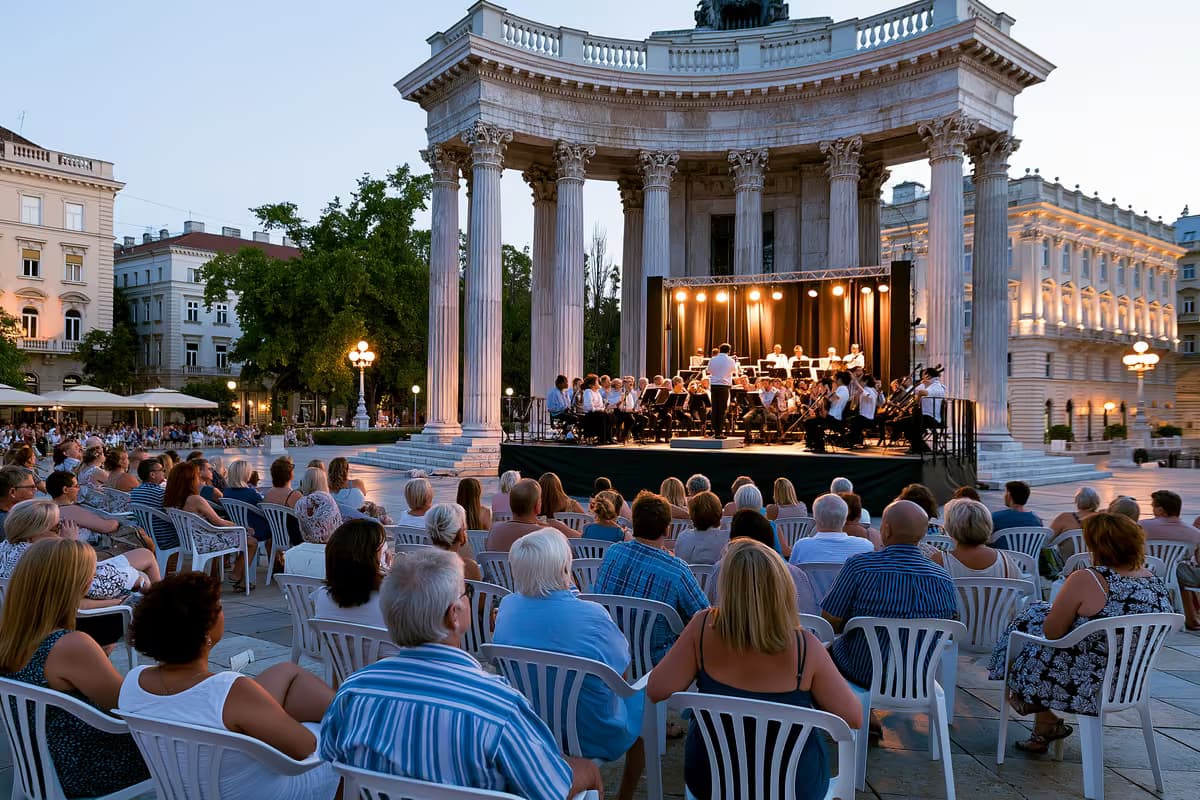 Un concert clasic în aer liber într-o piață istorică din München, la amurg.