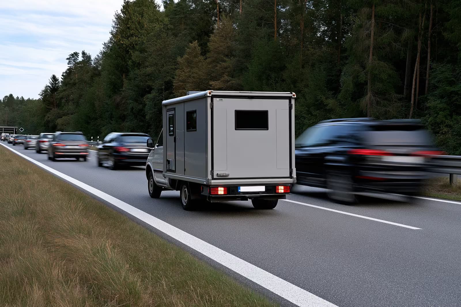 O cameră mobilă de supraveghere a vitezei poziționată pe marginea drumului, lângă o zonă școlară dintr-un oraș german.