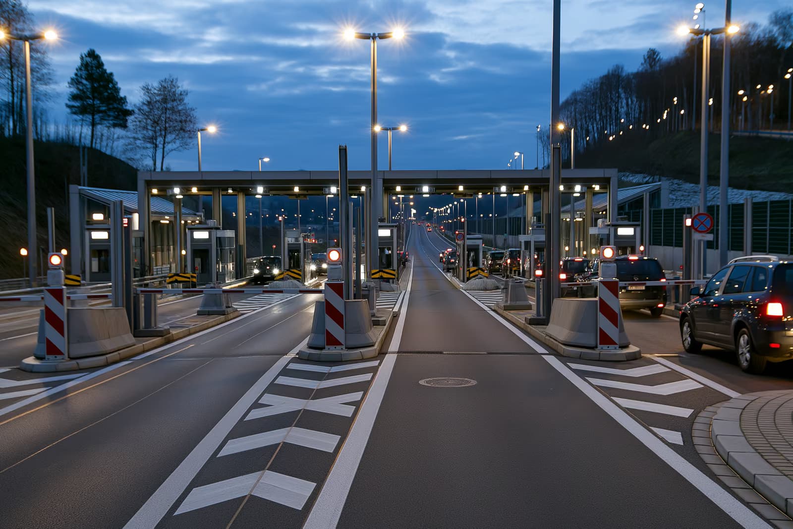 Un punct de control al frontierei de pe autostrada europeană liniștit, cu bariere la amurg.