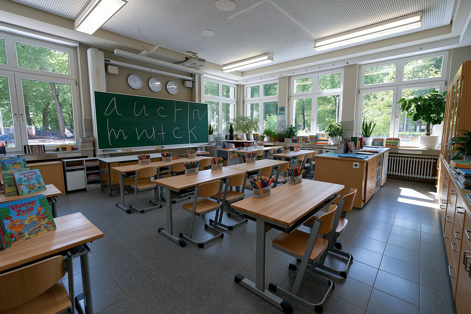 O sală de clasă primară luminoasă, cu forme de litere pe o tablă verde, pregătită pentru noile cursuri de limbă alfabetică din NRW.