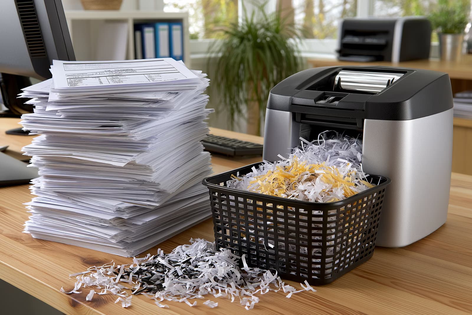 O stivă înaltă de formulare de hârtie stă lângă un distrugător de documente pe un birou guvernamental, simbolizând reducerea birocrației