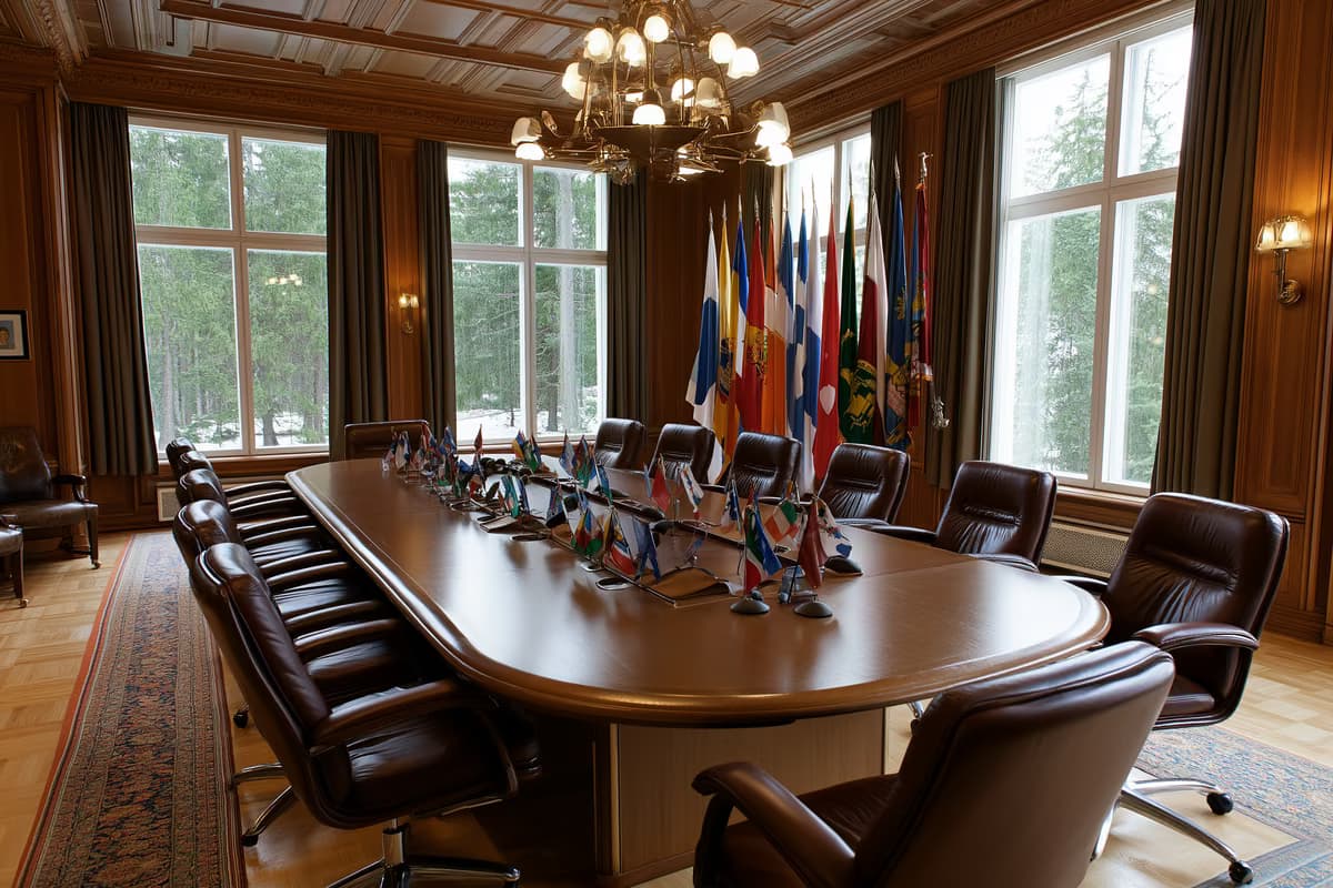 O sală de ședințe de cabinet goală, cu o masă ovală lungă, scaune din piele și steaguri naționale mici în lumina dimineții