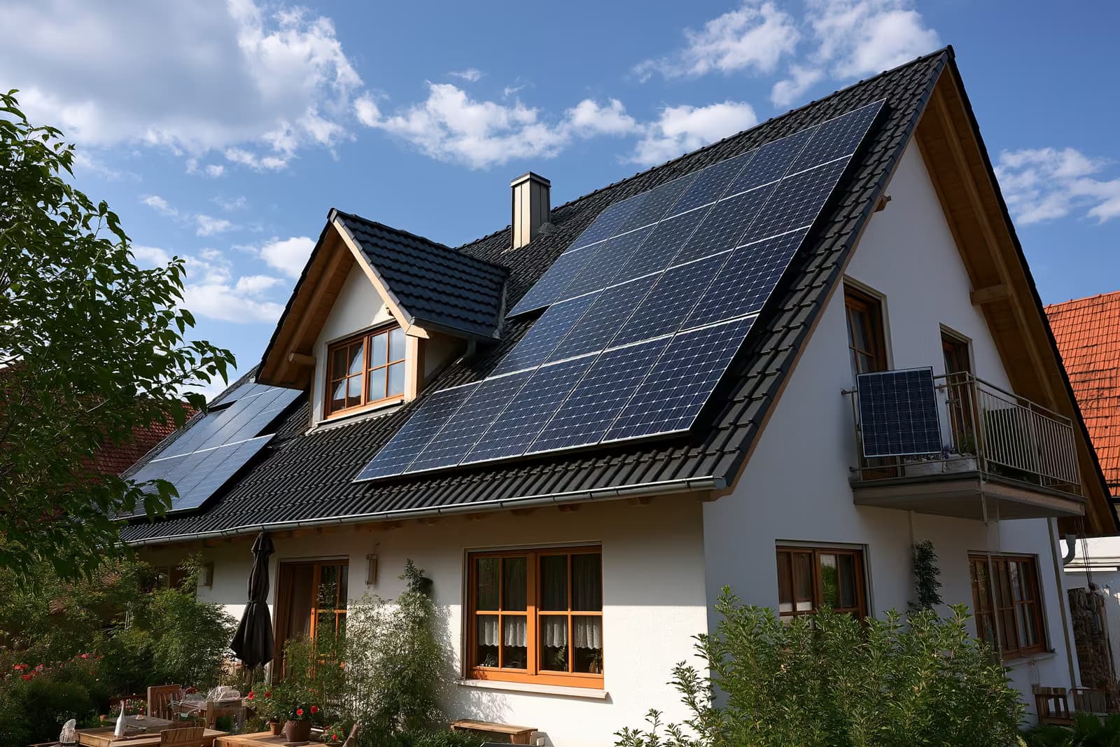 Rânduri de panouri solare pe acoperișul unei case dintr-o periferie germană, sub un cer senin.