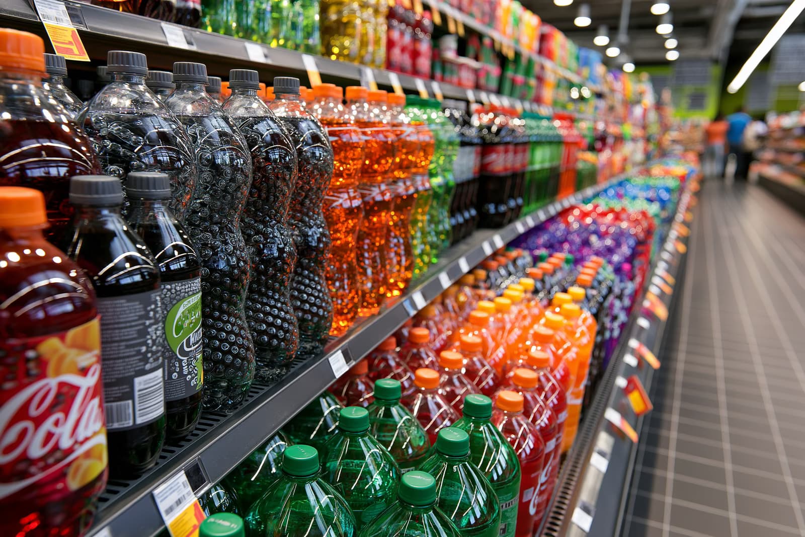 Rânduri de sticle colorate de băuturi răcoritoare într-un raion puternic luminat de un supermarket german, produsele care ar fi vizate de o taxă pe zahăr planificată.