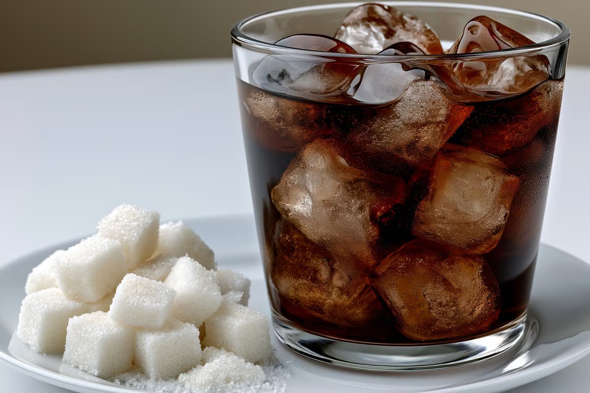 Un pahar de cola cu gheață lângă o mică grămadă de cuburi de zahăr alb pe o masă albă, arătând conținutul de zahăr din spatele dezbaterii privind impozitele.