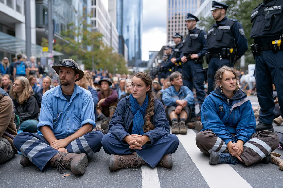 Protestatarii stau într-o barieră rutieră, cu polițiști în apropiere, într-un oraș german.