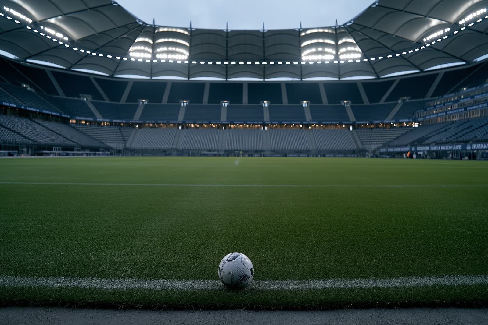 Un stadion de fotbal gol din Hamburg la amurg, cu reflectoare aprinse și o minge solitară pe centru, după ce Vuskovic părăsește HSV.