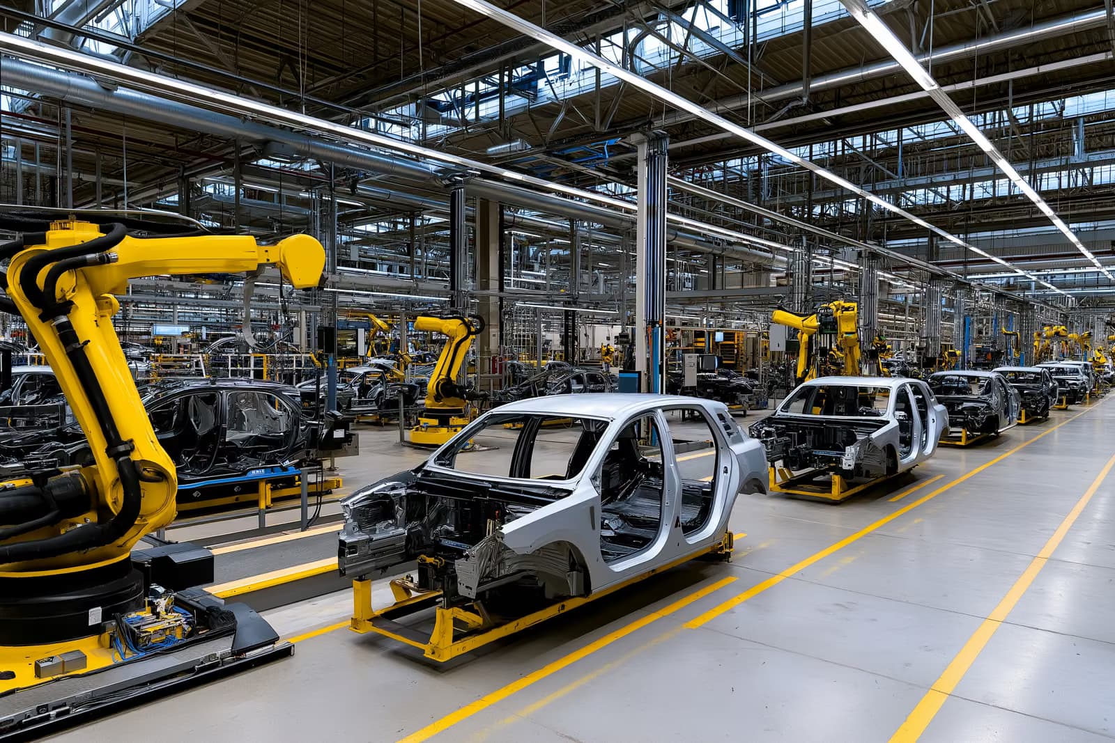 O hală de asamblare a unei fabrici mari de automobile, cu brațe robotizate și vehicule parțial construite.