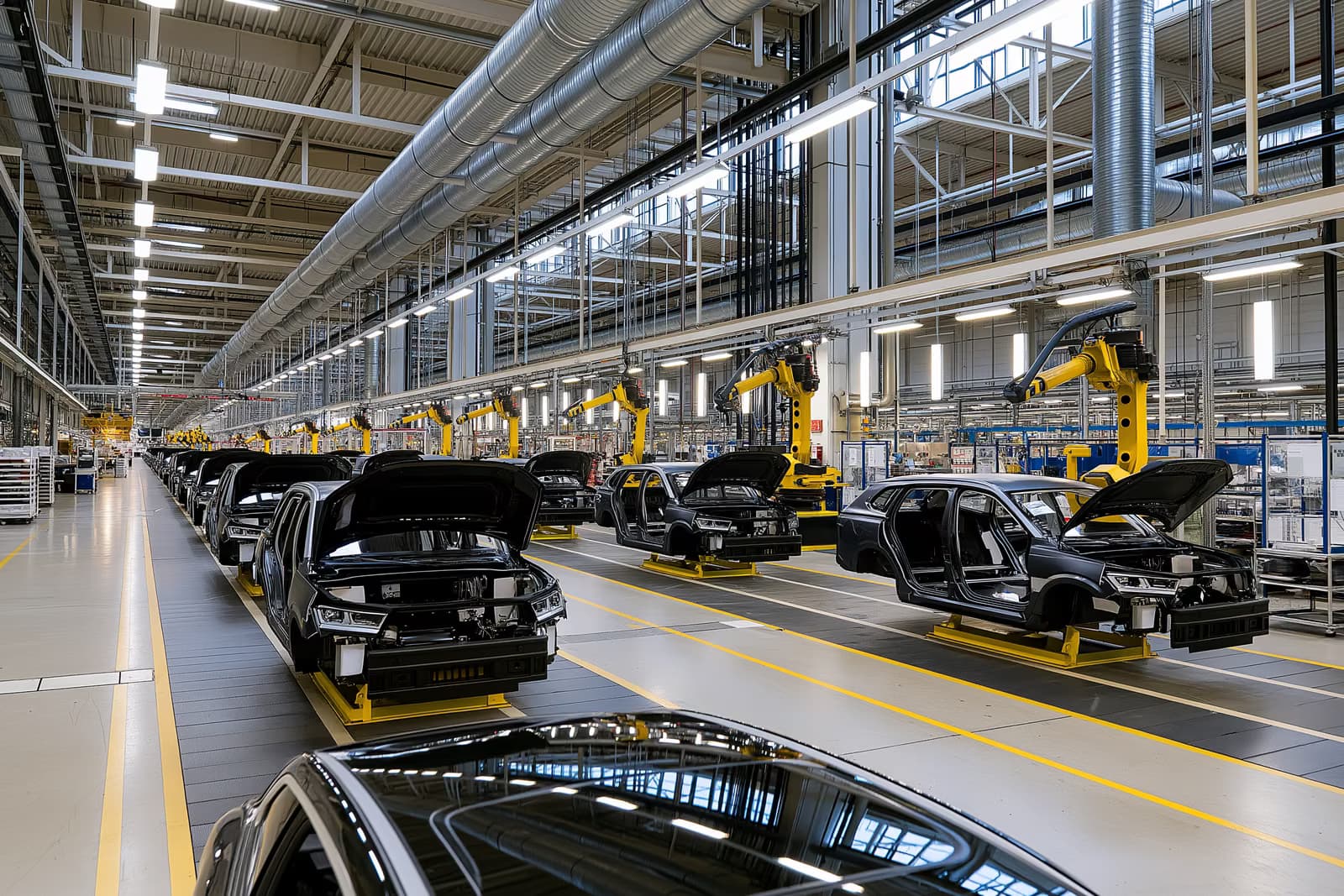 Brațe robotice s-au oprit deasupra caroseriilor neterminate de pe o linie de asamblare Volkswagen, în timp ce disputa privind închiderea fabricilor VW continuă.