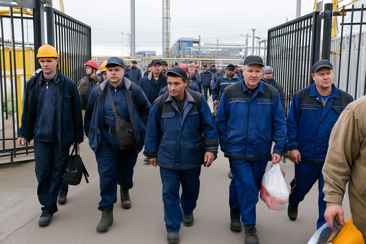 Muncitori în salopete trecând printr-o poartă de fabrică la schimbarea turei sub un cer înnorat