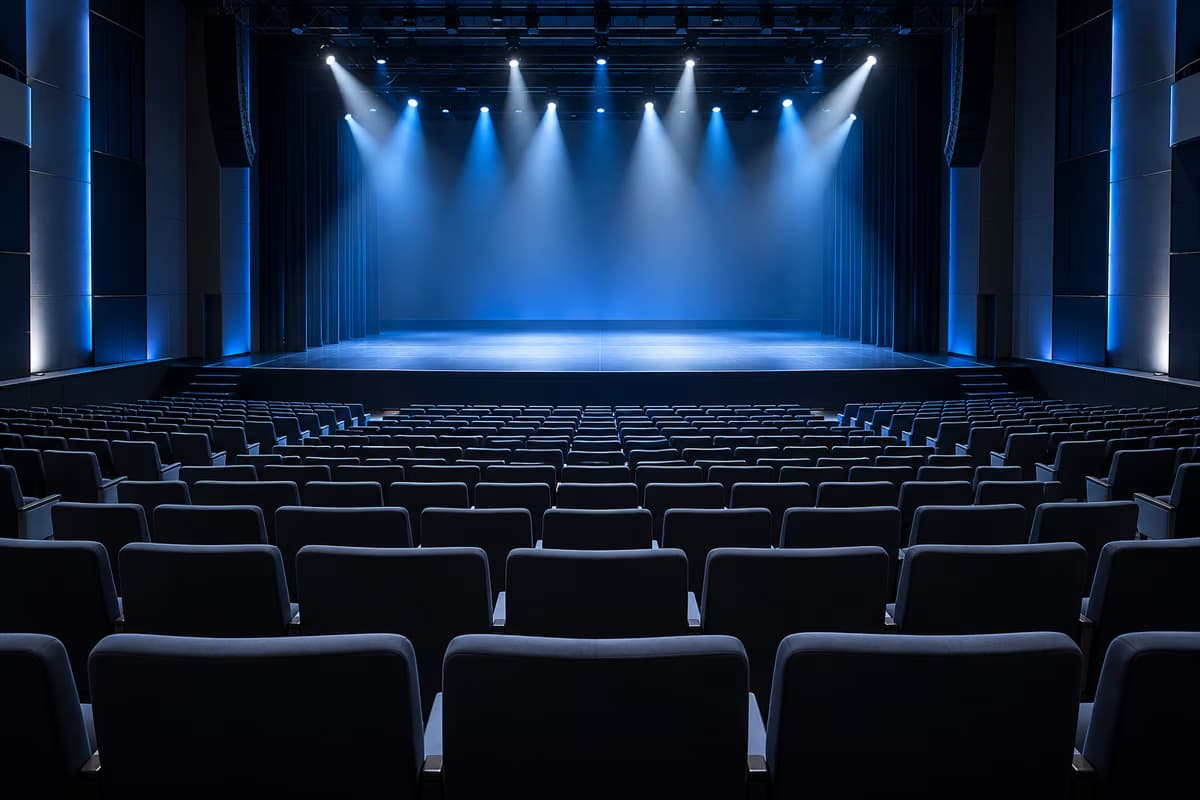 Un auditoriu gol, cu rânduri de scaune tapițate orientate spre o scenă fără decor, luminată de reflectoare albastre și albe.