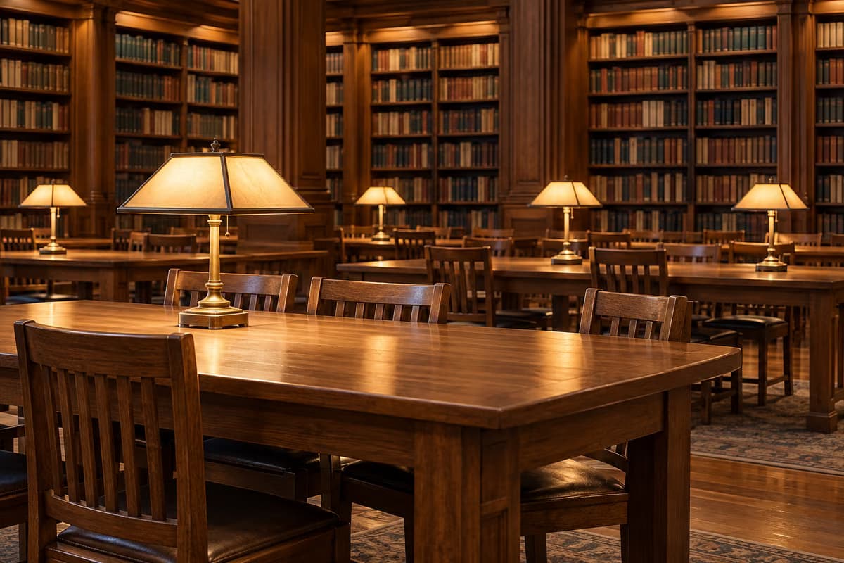 O sală de lectură goală a unei biblioteci, cu mese de lemn, scaune și lămpi de citit din alamă în fața unor rafturi înalte pline de cărți.