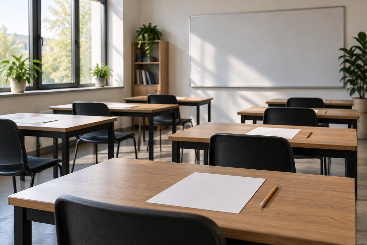 O sală de clasă modernă și goală cu mese din lemn, scaune negre, foi albe și creioane, în fața unei table albe goale.