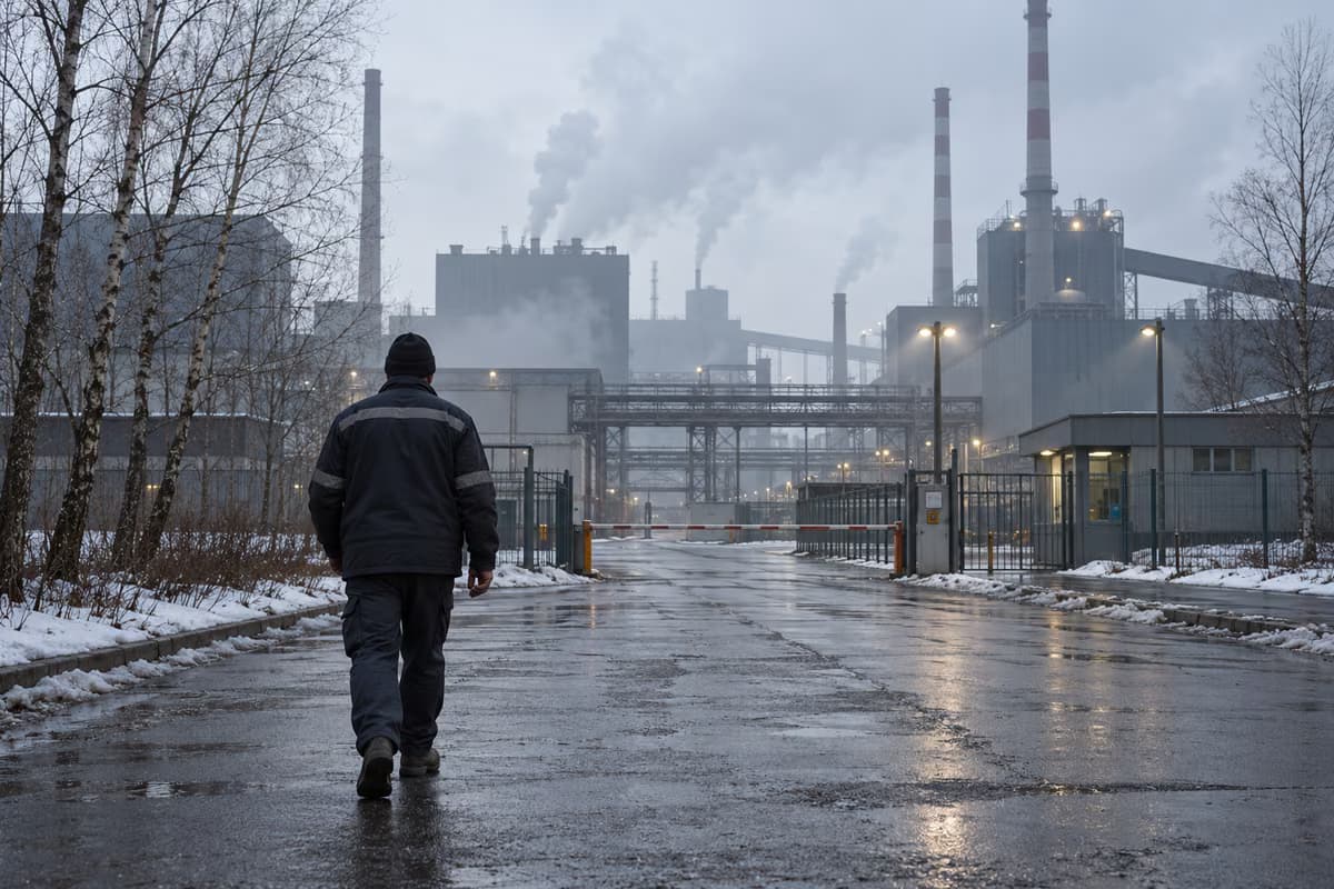 Un muncitor văzut din spate merge pe un drum ud spre poarta unei uzine industriale cu coșuri de fum, într-o zi cenușie de iarnă.