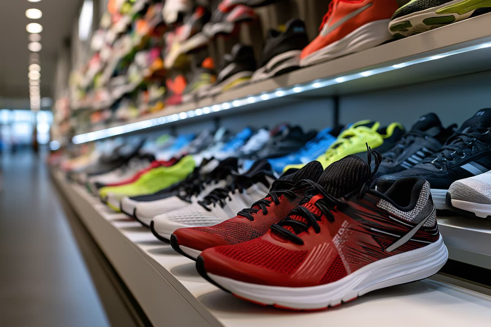 Pantofi de alergare și îmbrăcăminte sport expuse într-un magazin modern și luminos de articole sportive.