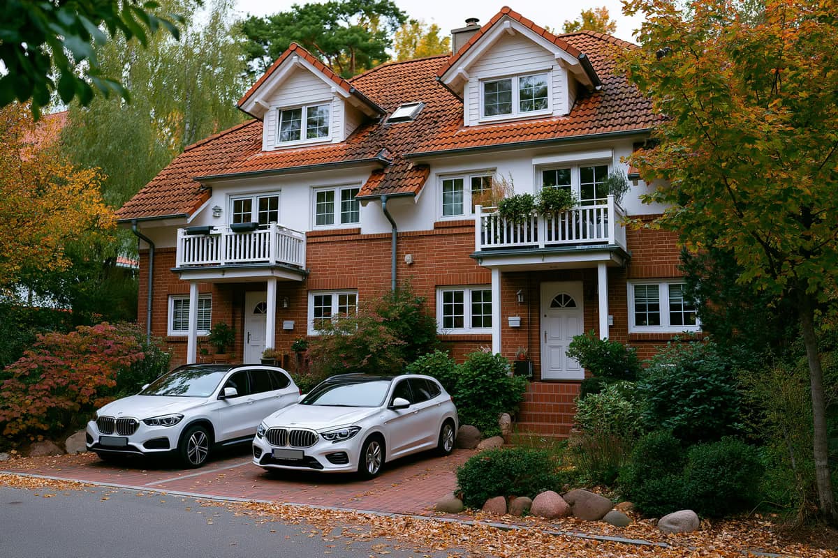 O casă bifamilială cu două intrări separate și balcoane pe o stradă suburbană germană, tipul de proprietate din centrul cazului BGH.